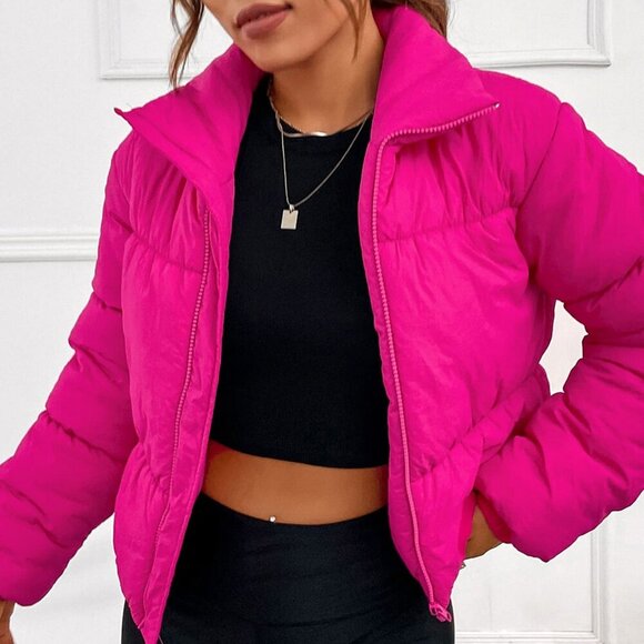 Hot Pink Casual Women's Zip Up Padded Coat - Picture 6 of 6